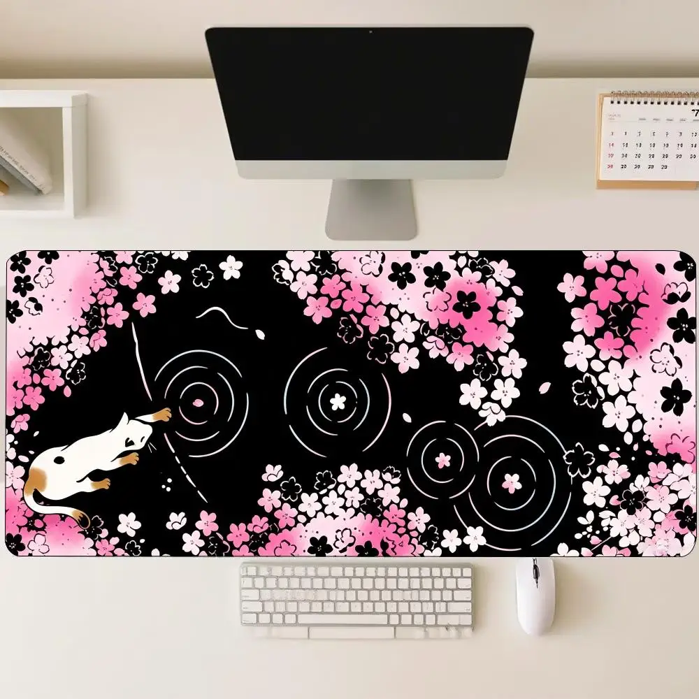 Sakura White Rabbit Pattern Large Gaming Mouse Pad Non Slip Rubber Base Extended Desk Mat For PC Laptop Gaming Desktop Setup