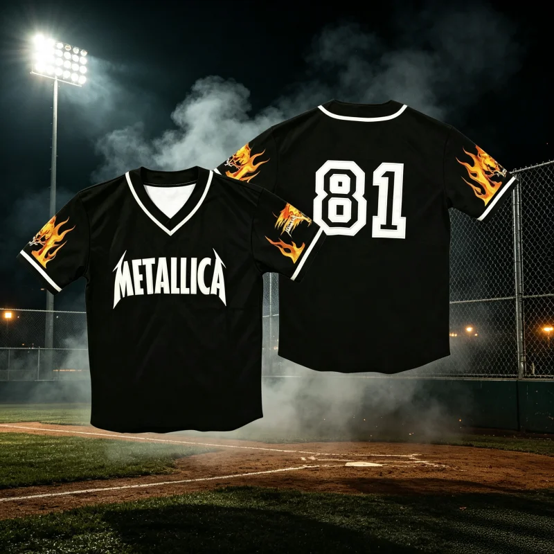 Metallica 1981 Baseball-Shirt 3D-Druck T-Shirt Rockband Familienstil Atmungsaktiv Schnelltrocknend Kurzarm-Shirt Top – Detail 4