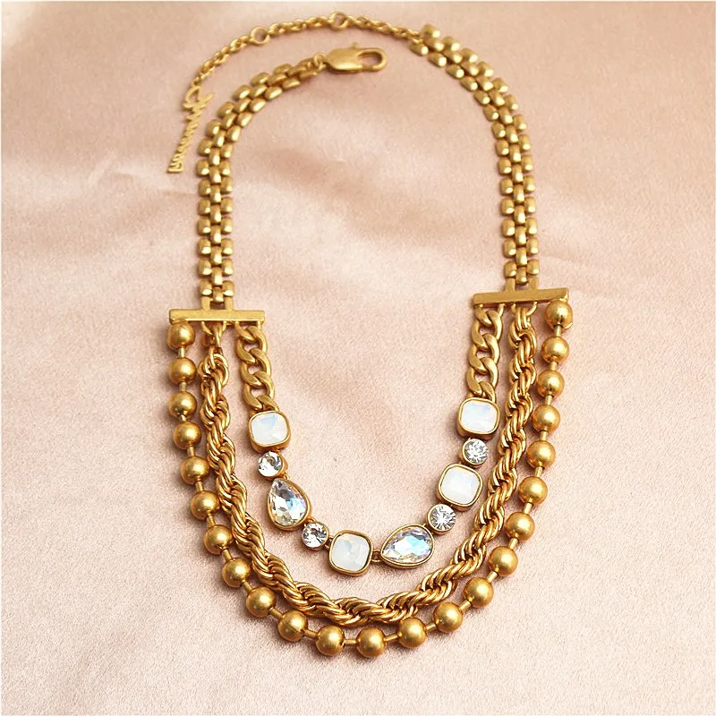 Vintage Gold Color Jewelry Set Multi Layer Choker Necklace Iridescent Rhinestone Drop Earrings Bracelet Jewelry Set 0304
