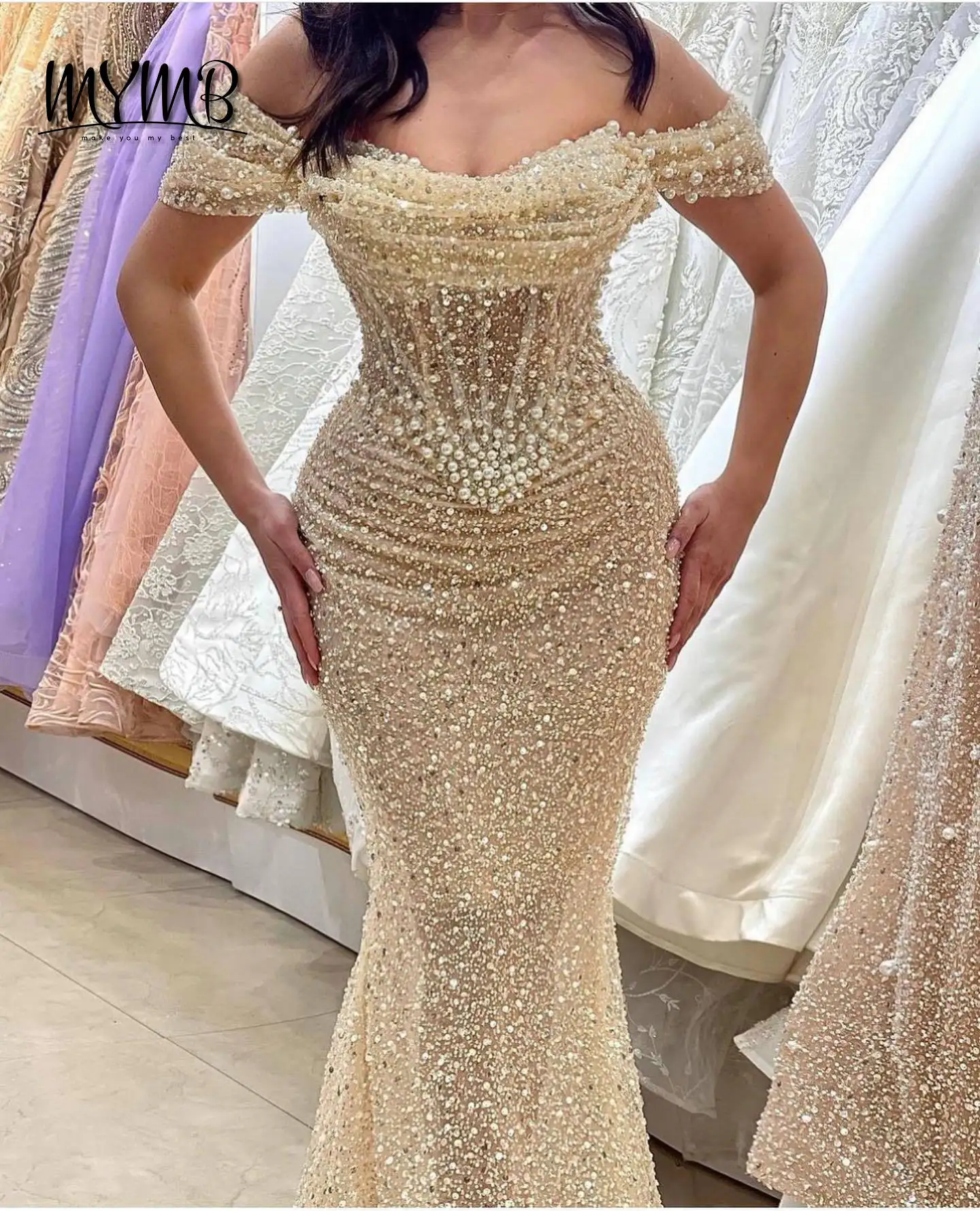 MYMB New Style Nude Mermaid Dress Fishtail Hand Beading Off-shoulder Evening Dresses Sequined Prom Dress for Sexy Lady MY30100-2