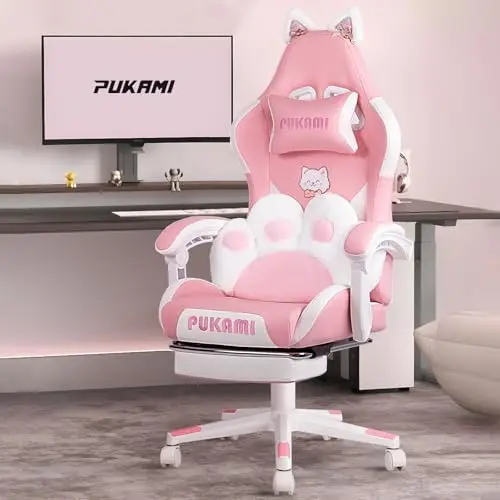 Cadeira Gamer Rosa Fofa com Orelhas de Gato e Almofada Lombar em Formato de Pata de Gato, Cadeira Ergonômica para Meninas com Apoio para os Pés
