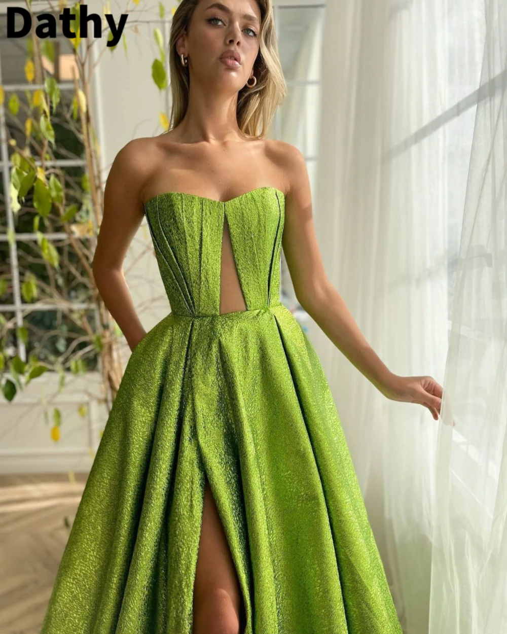 Dathy vestido de Gala de Limeade verde, escote en forma de corazón, ahuecado, seda forjada, abertura alta, vestidos de noche para mujer