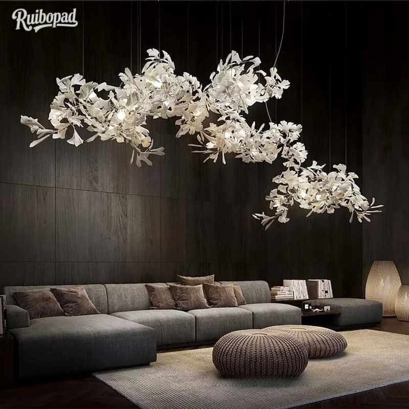 Luxury Ginkgo Leaf LED Chandelier - Large Artistic Nordic Pendant Light for Staircase Villa  Hotel Lobby Living Dining Room