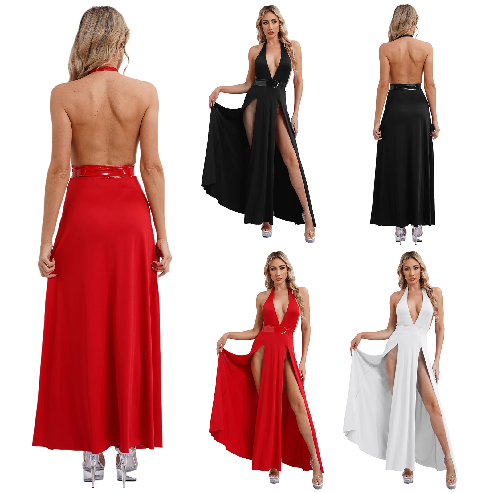 Women\'s Summer Sexy Nightclub Dress Double High Slit Deep V Neck Plus Size Sundresses Thigh Split Maxi Club Party Dresses