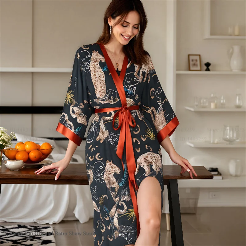 

Sexy Leopard Female Long Robe Lounge Wear Silky Satin Kimono Gown Bathrobe Nightgown Spring Autumn Sleepwear Home Dress Negligee
