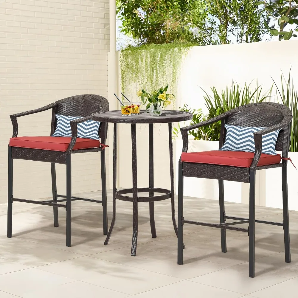 3 Piece Outdoor Patio Bar Table and Chairs Set, Wicker Bar Height Bistro Table Set of 2, All-Weather Rattan Height Bar Stools