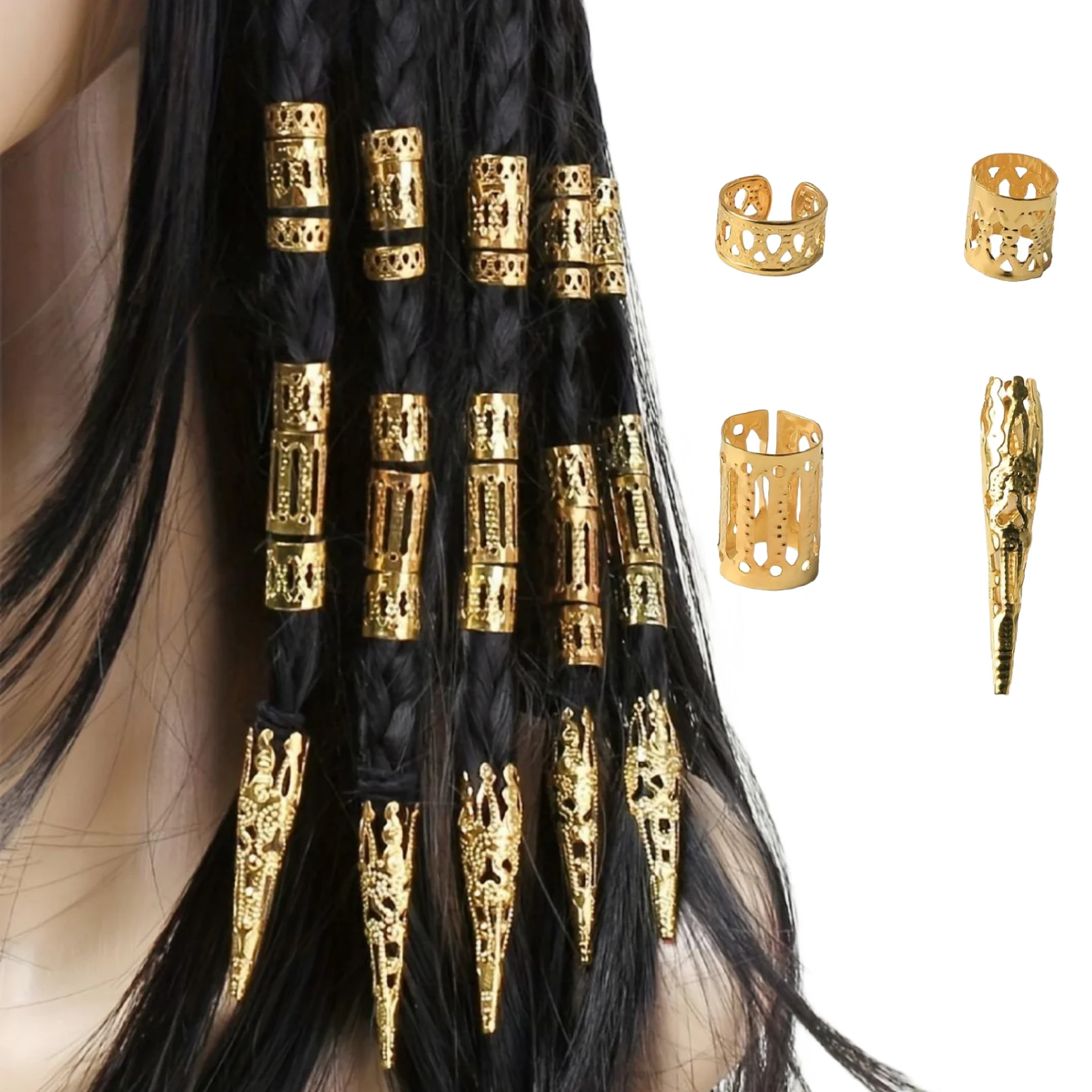 50pcs Alloy Hollow Hair Rings Metal Vintage Hair Cuff Pin For Dreadlock Women Girls Hair Accessories Loc Hair Jewelry for Braids