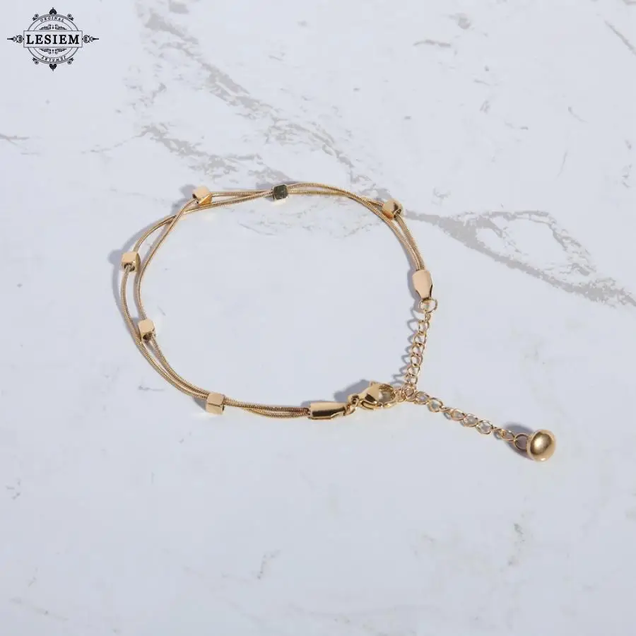 LESIEM-Pulseras chapadas en oro para mujer, brazaletes pequeños cuadrados de doble capa, dijes flotantes de ancla, nueva moda hermosa
