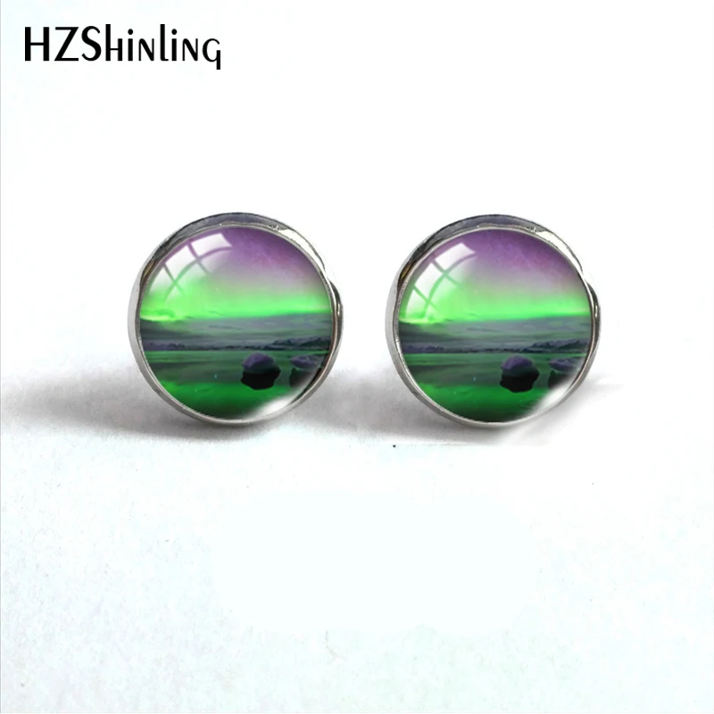 Green Northern Lights Earrings Northern Light Jewelry Light Aurora Handcraft Glass Dome Stainless Steel Stud Earrings Jewelry