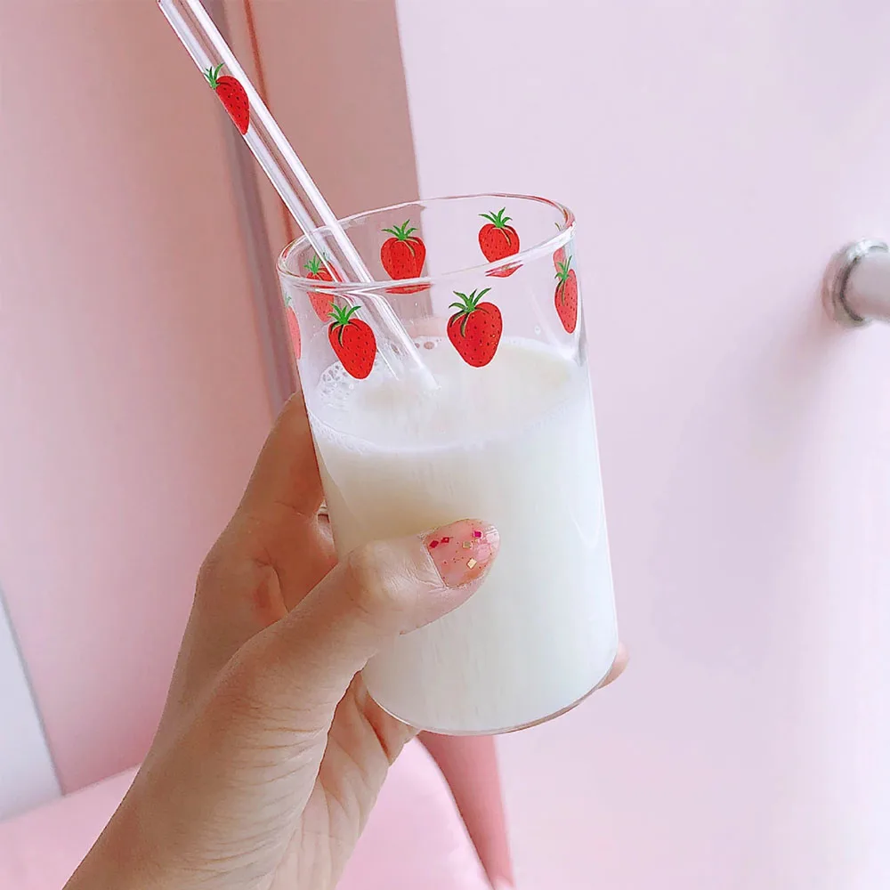 Cute Strawberry Glasses Heat Resistant Coffee Milk Water Cups with Straws Clear Cute Juice Smoothie Cold Drinks Straw Cup