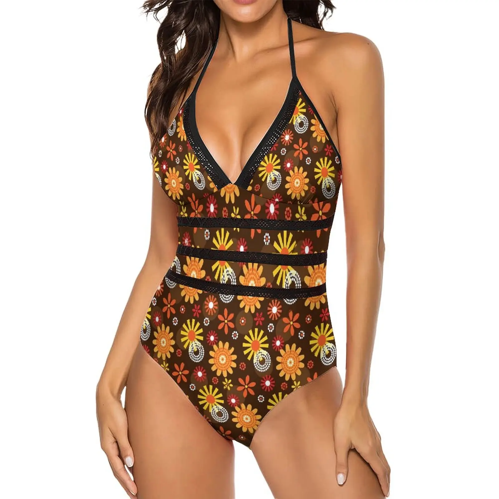 Retro Boho Floral Swimsuit Flower Print Sweet Swimwear One Piece Swim Swimsuits Sexy Halter Bathing Suits