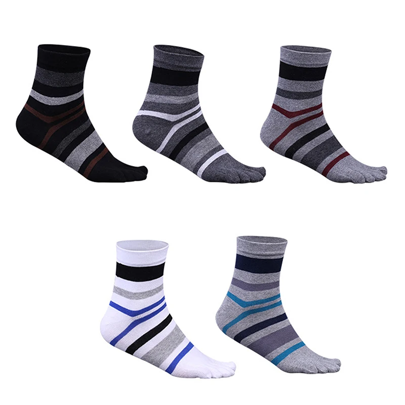 Short Mans Casual Toe Socks Striped Five Finger Socks Cotton Breathable Business Crew Socks With Toes Deodorant Hosiery