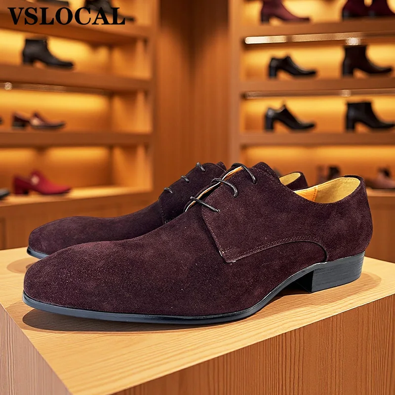 Mens Genuine Leather Shoes Suede Black Coffee Casual Men Dress Shoes Lace up Wedding Business Luxury Derby Shoes For Men