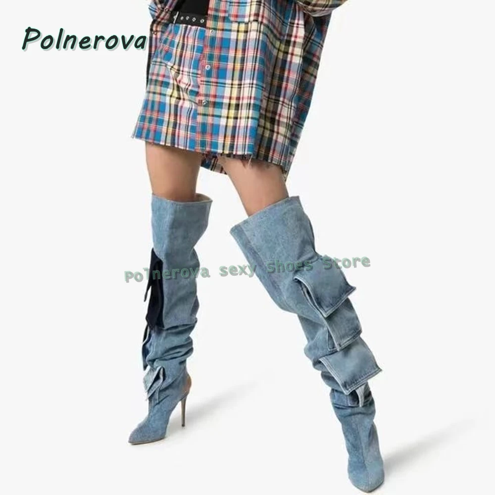 Pocket Pleated Denim Fashion Gladiator Pointed Toe Stiletto Slingback Side Zip Patchwork Women Over The Knee Boots Street Style