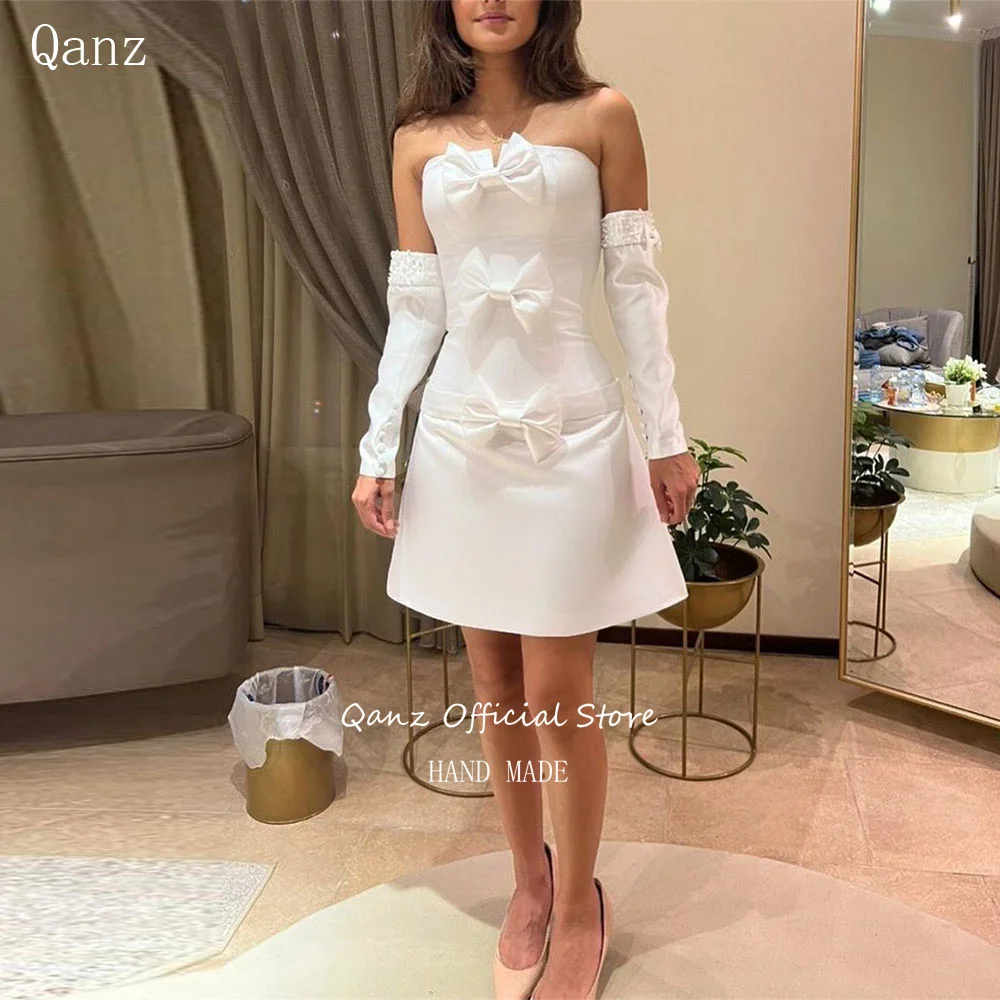 

Qanz White Vintage Wedding Dress Full Sleeves Pearls Bow Strapless Short Robe De Mariée Satin Lace Up Back Vestidos Novias Boda