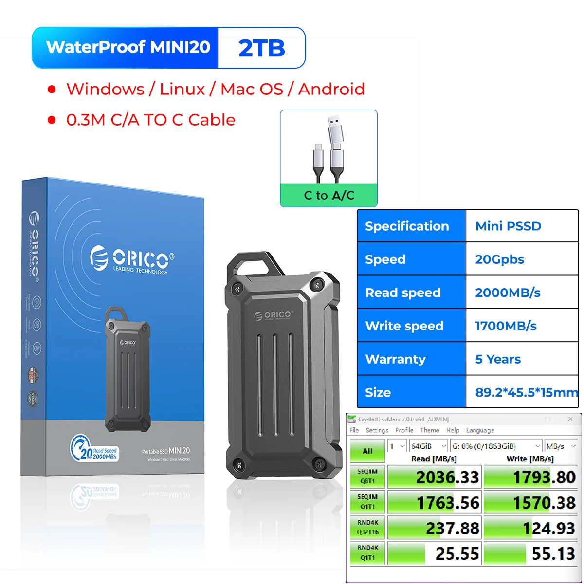 ORICO Mini Draagbare SSD 20Gbps Externe Solid State Drive USB3.2 Gen2 2TB 1TB Type-C PSSD voor Outdoor Werknemers Fotograaf