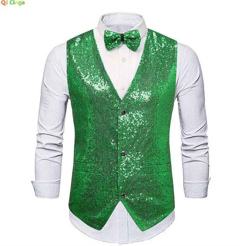 Green Bright Glitter Sequins Sleeveless Vest Men's, Single Breasted V-Neck Vests, Wedding Party Fashion Top Men Waistcoat