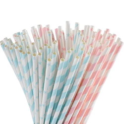 Light Pink Blue White Paper Straws Bulk, 100 Biodegradable Party Straws for Boy Girl Baby Shower, Gender Reveal, Birthday, Wedd