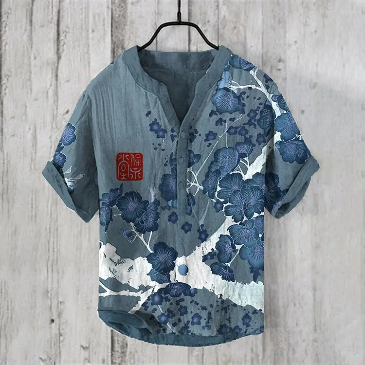 Jersey holgado con estampado de ciruela china para hombre, camisa informal de gran tamaño con cuello en V, Comercio Exterior cruzado, verano, 2024