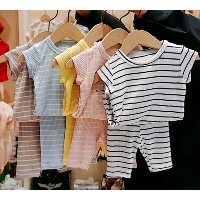 

2023 New Summer Infant Clothes Set Casual Striped T shirts+Shorts 2 Pcs Suits for Boys and Girls