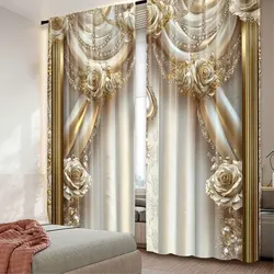 2Pcs Elegant Golden Flower Pattern Curtain For Home Decor Royal Style Curtains For Bedroom Office Kitchen Living Room