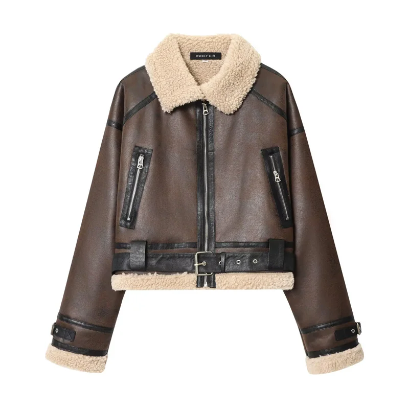 

2025 Fall/Winter New Arrival, Women's Biker-Style Leather and Shearling Double-Sided Short Lamb Wool Jacket.