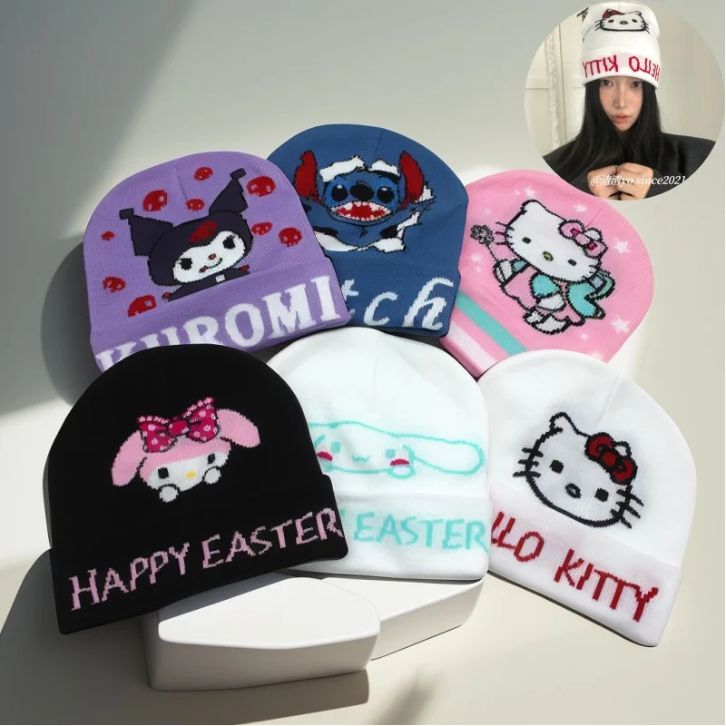 Kawaii HelloKittys Kuromi Melody Cinnamoroll Knitted Hat Casual All-match Stuff Beanie Winter Keep Warm Winter Cap Bonnet Female