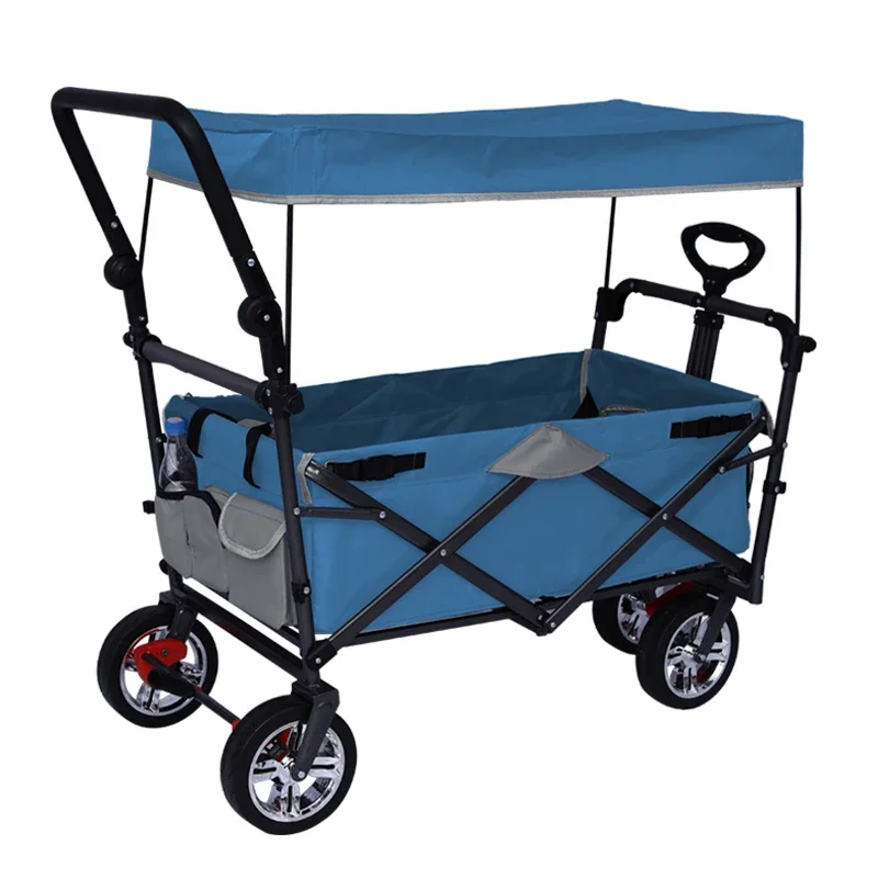 KINDE Folding Trolley Handcart for Children Garden Wagon Multi-purpose Wagon 3 Sets Brakes With Canopy 80KG