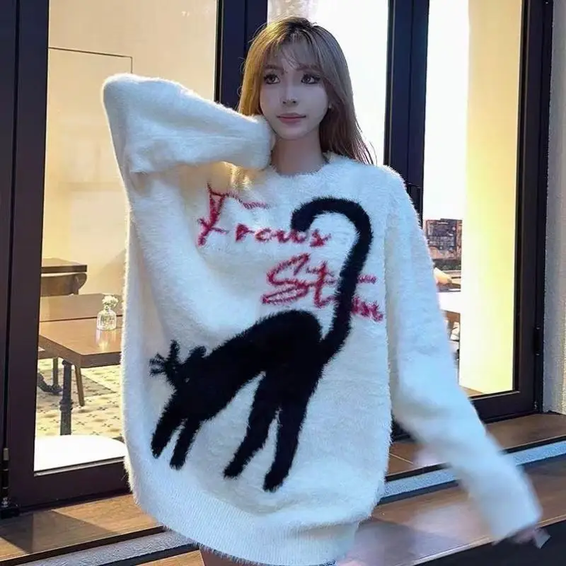 Patterned Knitted Sweater Y2K Retro Couple's Faion Autumn Winter Loose Fit round Ne Water Rabbit Fur Cultural Abib Sle