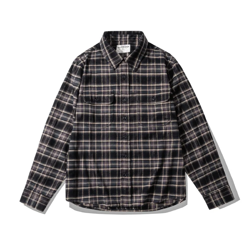 Plaid Long-Sleeved Shirt Men's Spring And Autumn New Coat Black And White With American Retro Tooling Ground Wool Casual Shirt