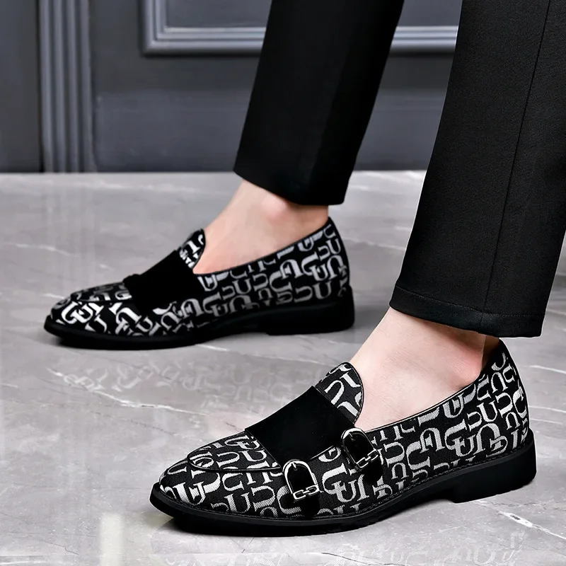 Big Size Men Casual Shoes Spring Letter Print Business Leisure Dress Shoes Street Cool Retro Style Slip-on Monk Shoes