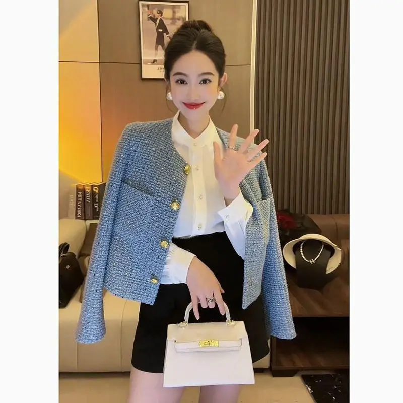 

High Quality Sweet Small Fragrance Tweed Jacket Women Autumn Luxury Super Short Coat Temperament Slim Outwear Tops A17
