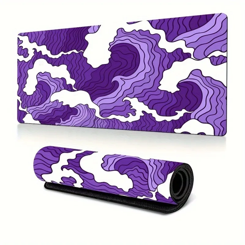 Alfombrilla de ratón para juegos con ondas blancas y moradas, alfombrilla de mesa con textura de océano de dibujos animados, Base de goma antideslizante, borde cosido, teclado largo, alfombrilla de oficina