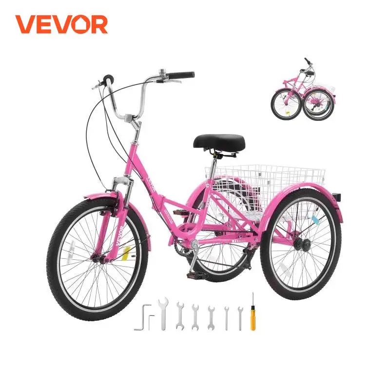 VEVOR Folding Adult Tricycle 26-Inch 7-Speed Carbon Steel 3 Wheel Cruiser Bike with Basket & Adjustable Seat for Women Men Pink