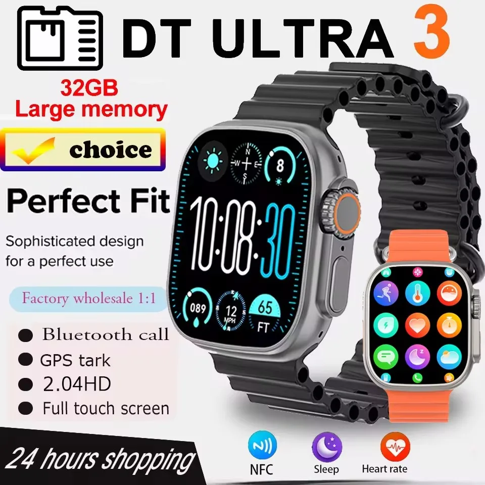 

2025Новинка для Android iOS DT Ultra3 Pro Google Map NFC Smartwatch 32G Память Музыка Видео NFC Bluetooth Вызов Водонепроницаемые Смарт-часы