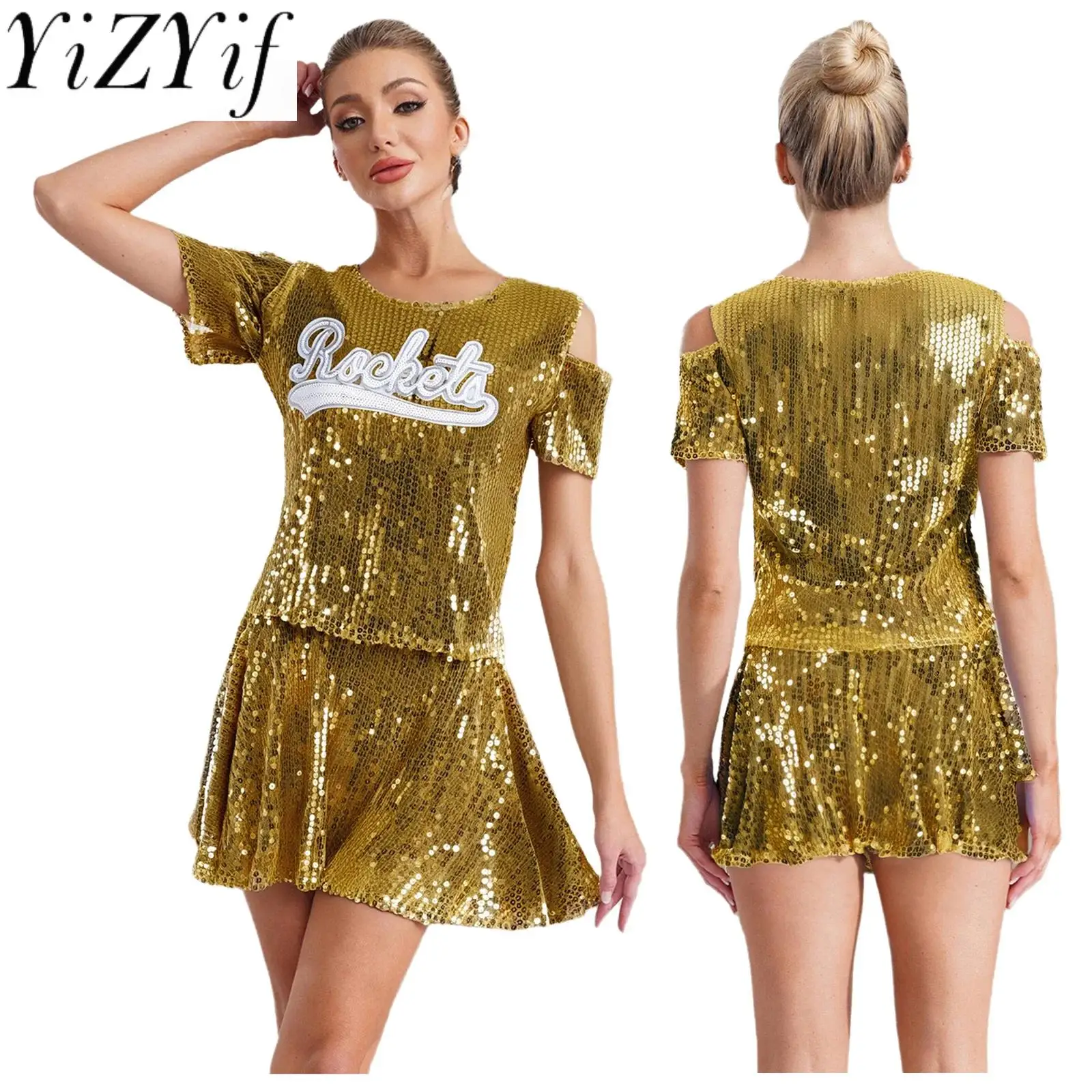 

Women Sequins 2-pieces Cheerleading Jazz Dance Sets Short Sleeve T-shirt And A-line Skirt Competition Cheering Dance Outfits