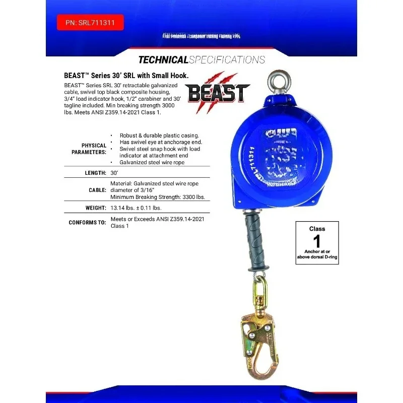 30 قدم. خط الحياة ذاتي التراجع I ANSI Z359.14-2021 فئة 1 I SRL كابل مجلفن علوي دوار لجهاز #6