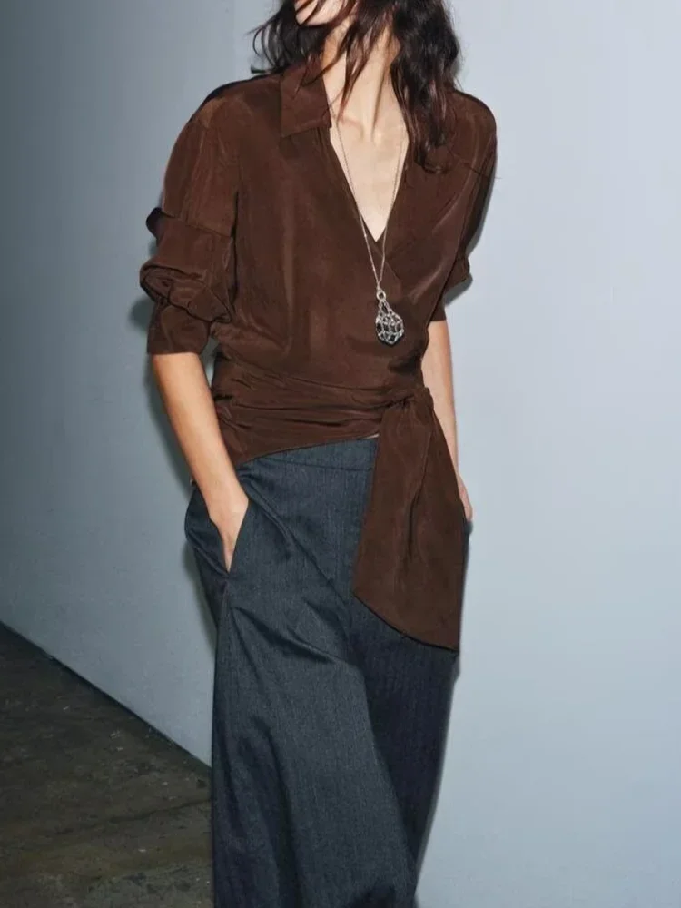 

Solid Lace Up Pleated Shirts Women Full Sleeve Casual Lapel V-neck Loose Short Shirts 2025 Lady Daily Commute Fashion Wear New