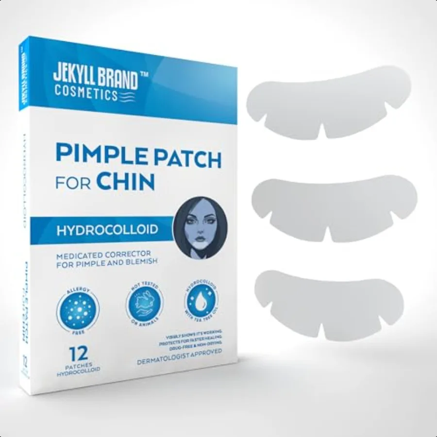 Parche de limpieza de barbilla COSMETICSXL, 12 recuentos, parche hidrocoloide para barbilla de grado médico, objetivo de espinillas y imperfecciones, limpieza de poros