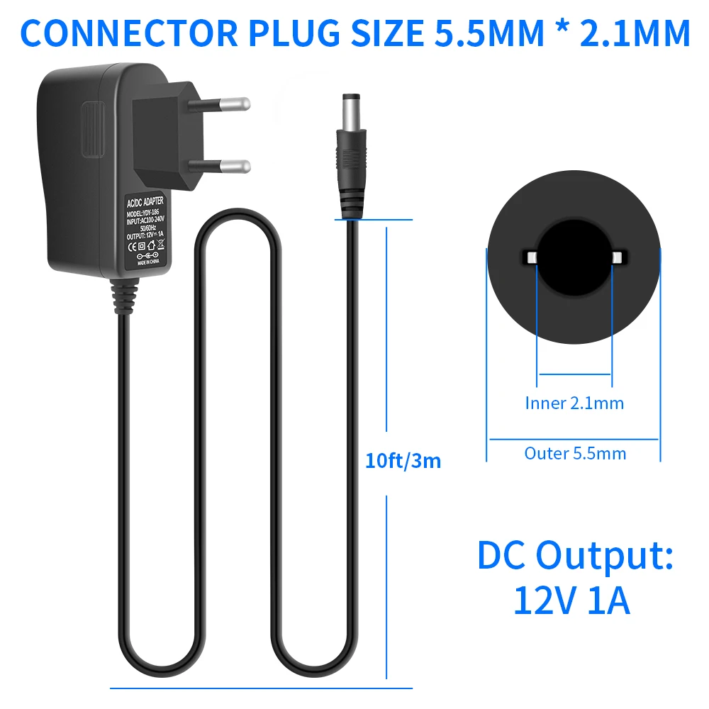 Power Supply Adapter EU AC 100-240V to DC 12V 1A Switch  5.5 x 2.1mm Plug 10 Feet Power Cord for Security Cameras