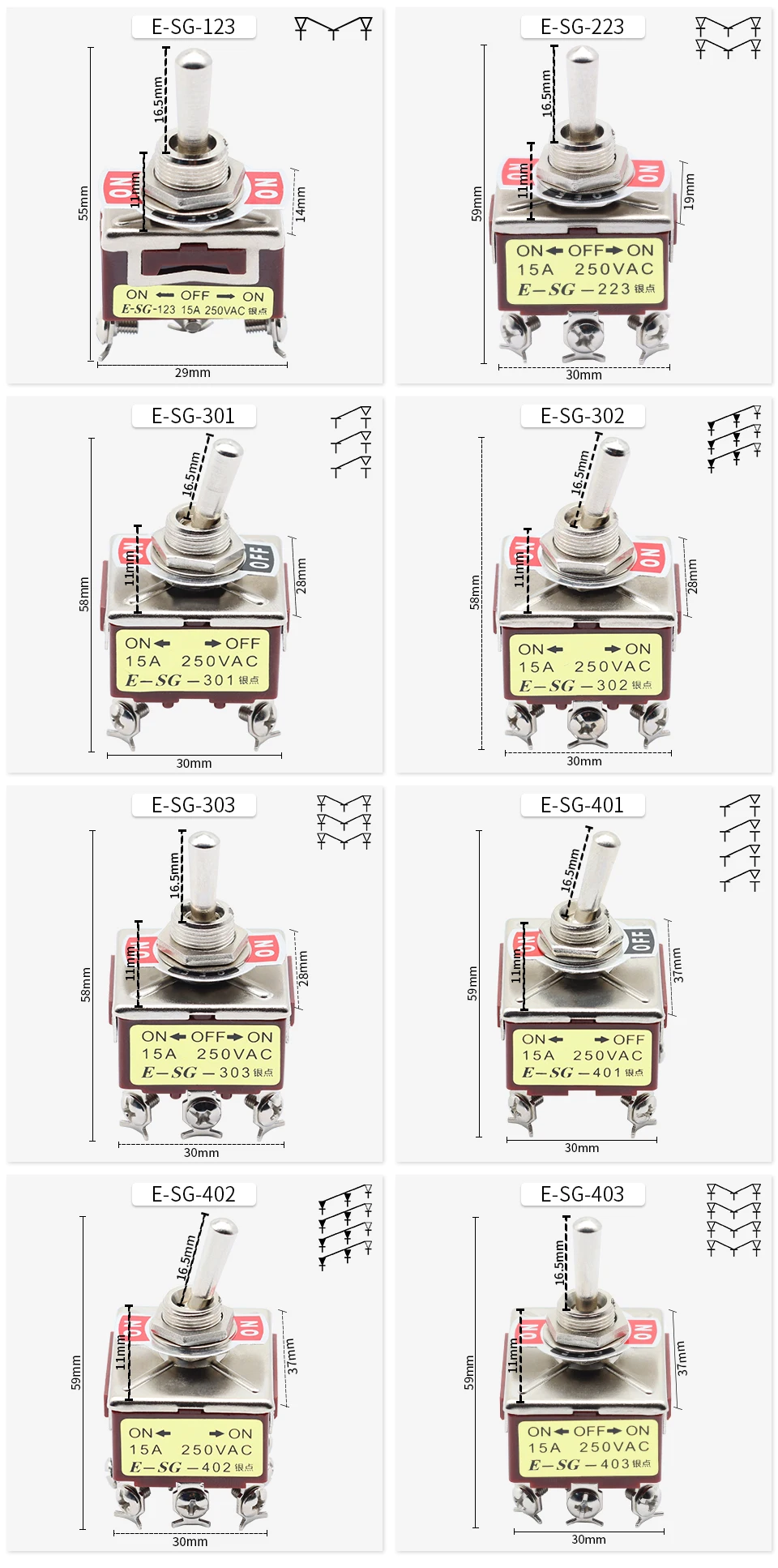 OMCH 1/5/10PCS 15A 250VAC Silber Kontakt Kippschalter E-SG Serie 2/3/4/6/8/9/12 Pin 2/3 Gang Selbst Reset/Selbstsperre – Detail 6