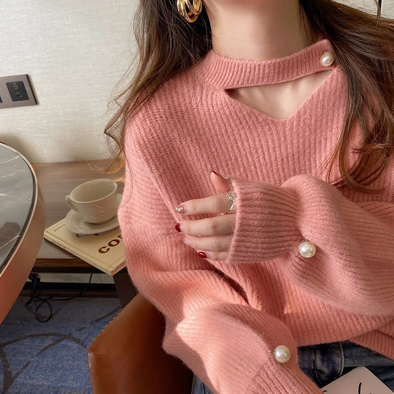 

Elegant Solid Sweater Women Winter Casual V-Neck Long Sleeve Knitted Pullover Female Simple Loose Soft Basic Jumper