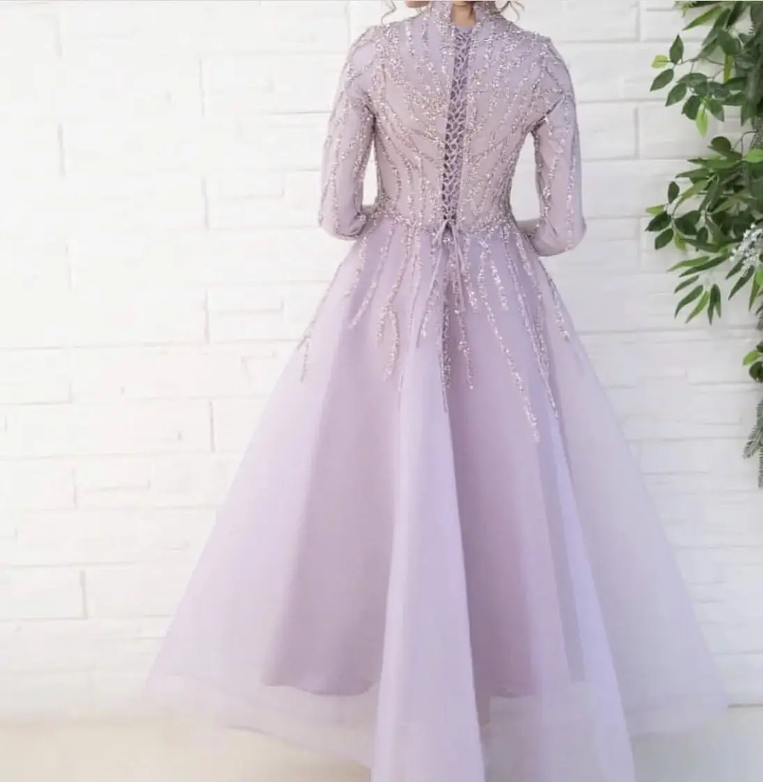 Lilac Islamic Beading Prom Dresses Ankle Length Sequin Muslim Party Gown Lace Up Back Organza Vestidos De Soirees Long  Sleeve