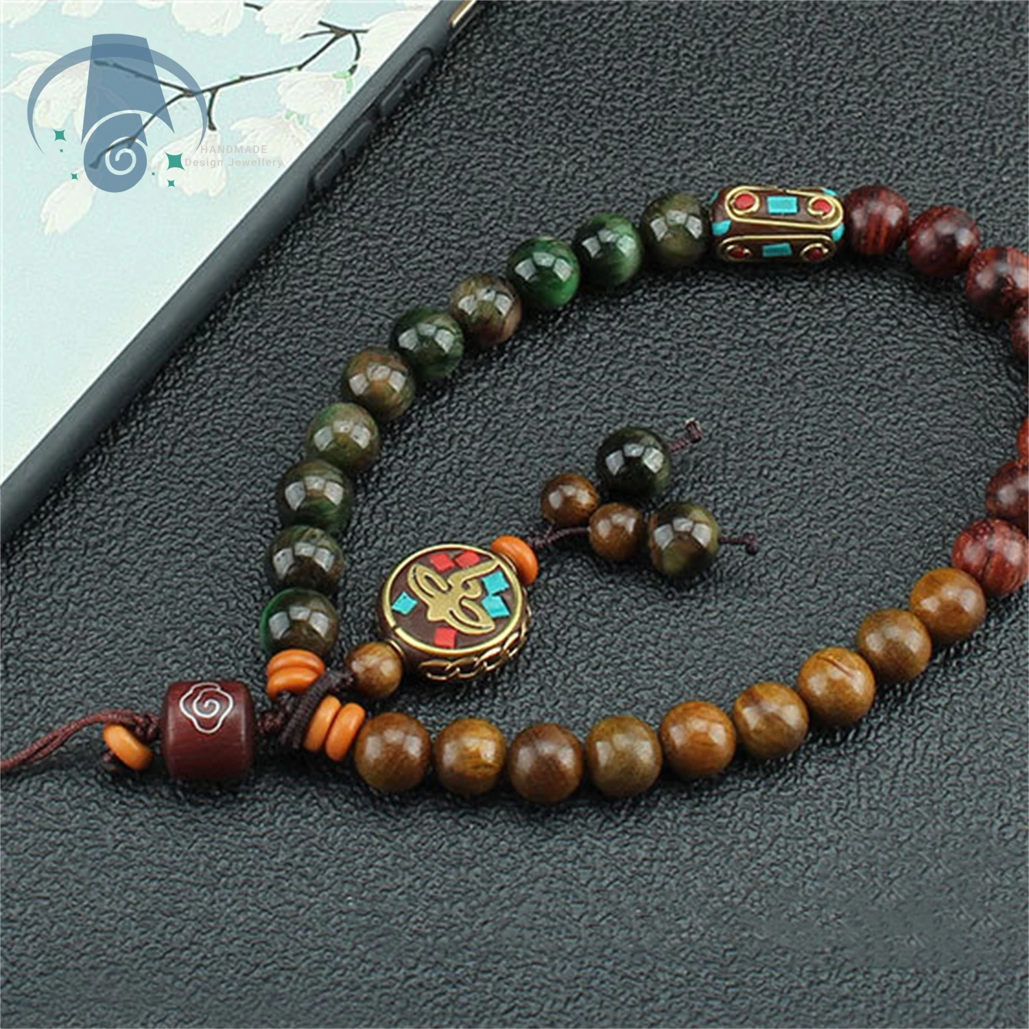 Chinese Style Buddha Beads Phone Lanyard Wrist Cord Natural Green Sandalwood and Tiger Eye Stone Short Anti Lost Strap Creative