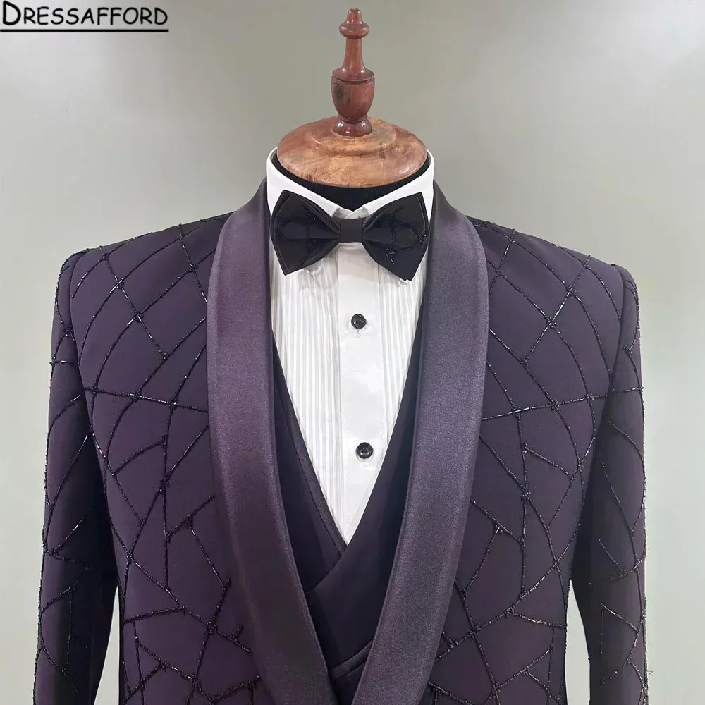 Purple Blazers Handmade Beading Men Suits Fashion Banquet 2 Piece Business Jacket Pants Trousers