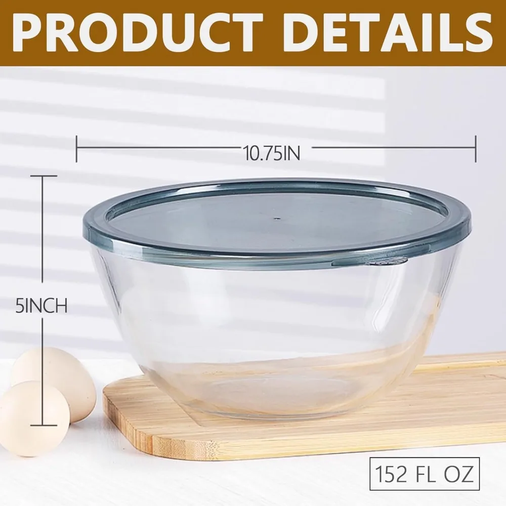 

5-литровая стеклянная миска для смешивания с крышкой, большая кухонная миска для хлеба на закваске, приготовления салатов и хранения продуктов питания