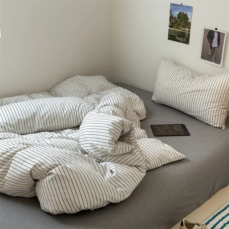 Nordic style A-class pure cotton four piece set, simple, solid color, striped, color woven, washed, all cotton soft home three p