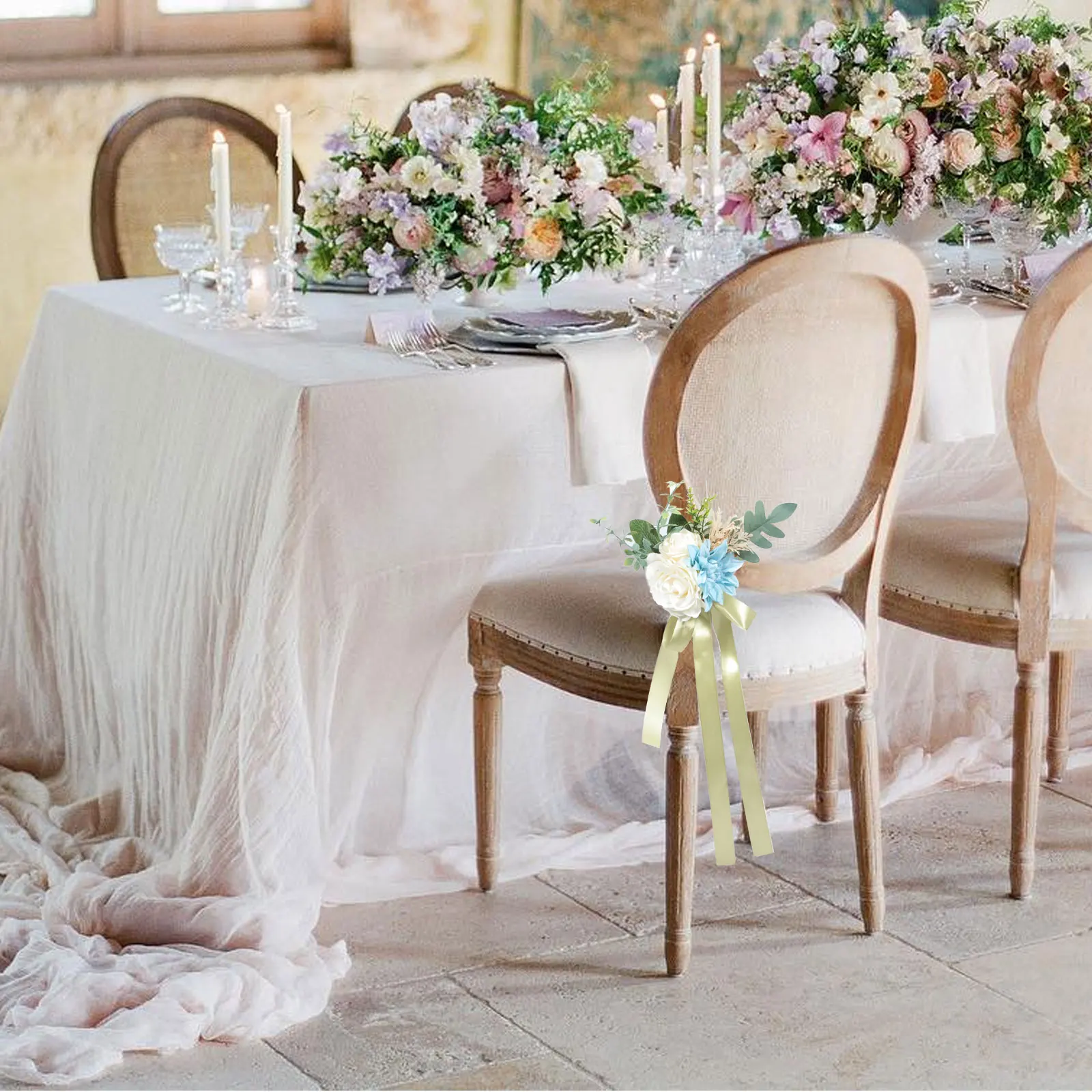 

Artificial Chair Back Flower Decoration with Chiffon Ribbon Floral Chair Decor Wedding Ceremony Aisle Decorations