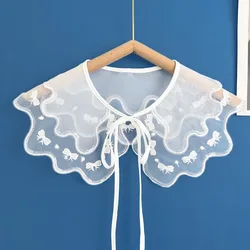 Organza Embroidery Women's Lace Collar Fashion Lace Up Shawl Bow Fake Collar Dress Blouse Decor White Detachable Shirt