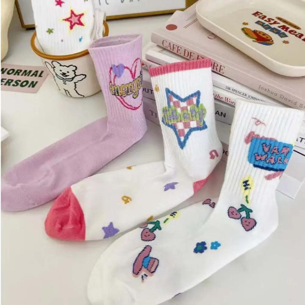 Funny Y2K Flower Ankle Socks Letter Outdoor Sports Star Short Socks Cherry Ins Style Cartoon Mid-Calf Socks Streetwear